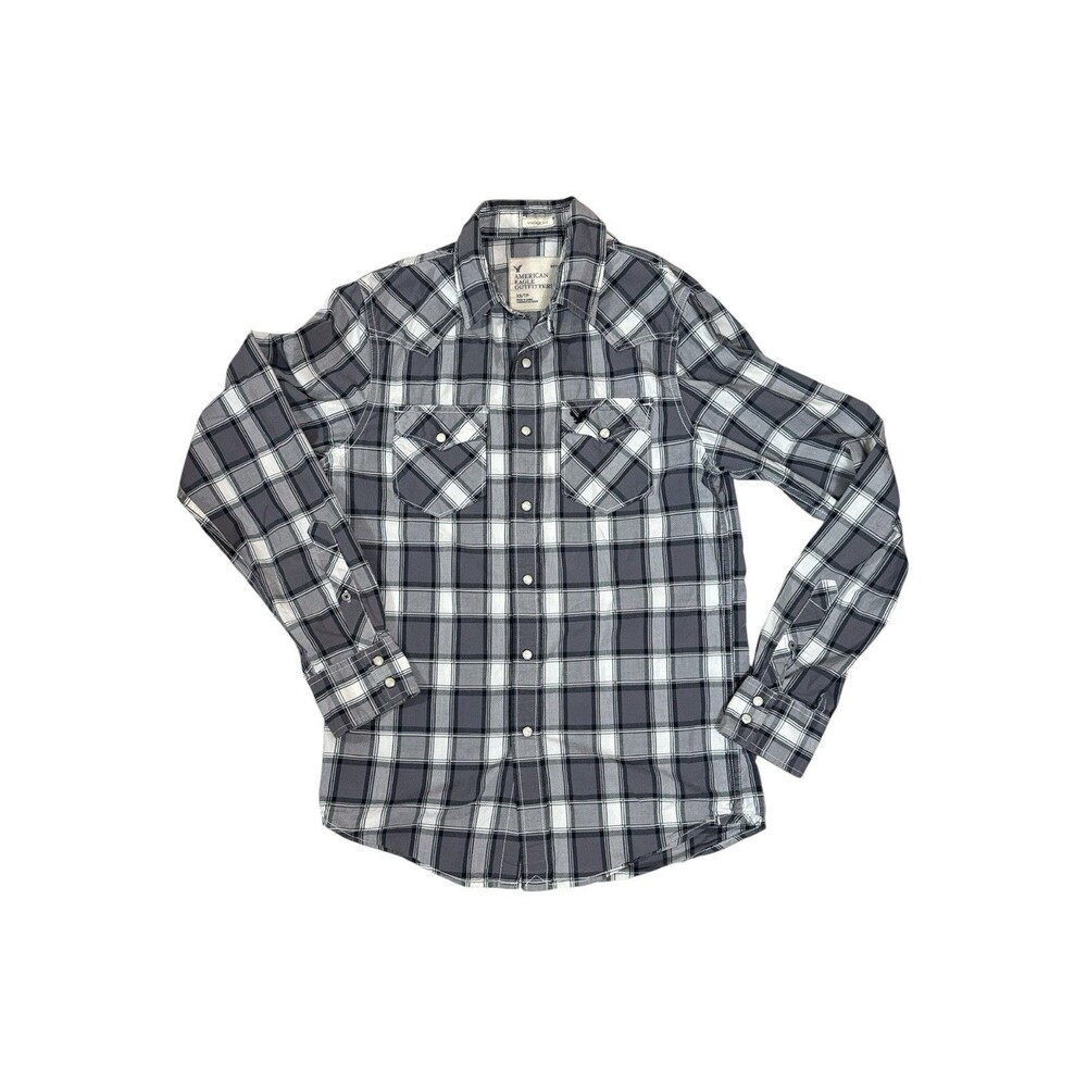 American Eagle Vintage Fit Western Pearl Snap Shirt Gray Check Plaid Sz XS
